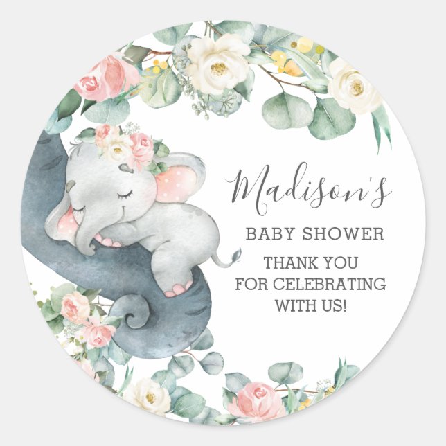 Pink Floral Elephant Girl Baby Shower Birthday  Classic Round Sticker (Front)