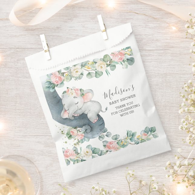 Pink Floral Elephant Girl Baby Shower Birthday Favour Bags (Clipped)