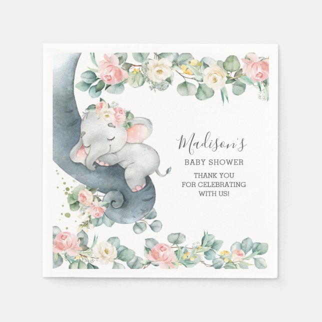 Pink Floral Elephant Girl Baby Shower Birthday  Na Napkin (Front)
