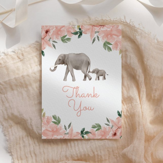 Pink Floral Elephant Girl Baby Shower Thank You Card (Creator Uploaded)