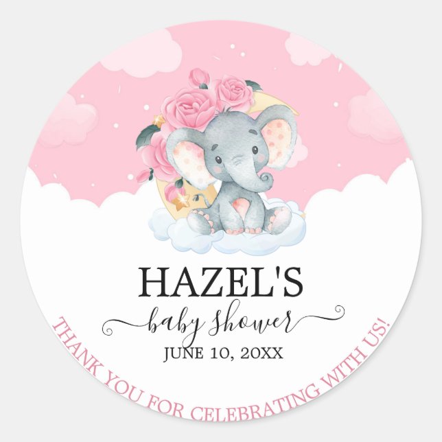 Pink Floral Elephant Girl Baby Shower Thank You Classic Round Sticker (Front)