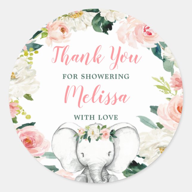 Pink Floral Elephant Girl Baby Shower Thank You Classic Round Sticker (Front)
