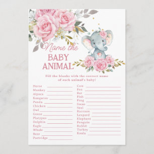 Pink Floral Elephant Name the Baby Animal Game Card