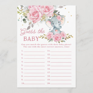 Pink Floral Elephant Shower Guess the Baby Game Card