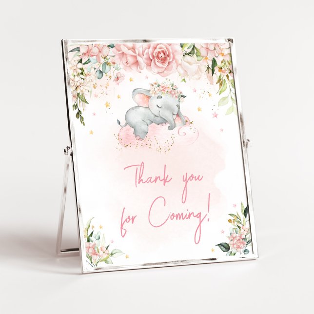 Pink Floral Elephant Thank you for Coming Poster (Pink Floral Sleeping Elephant Baby Shower Thank you for Coming Sign)