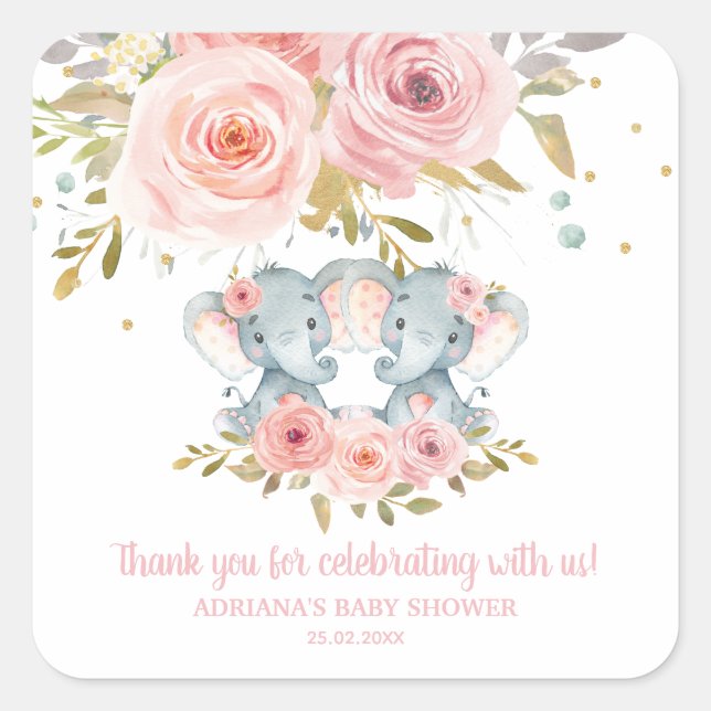 Pink Floral Elephant Twins Baby Shower Thank You Square Sticker (Front)