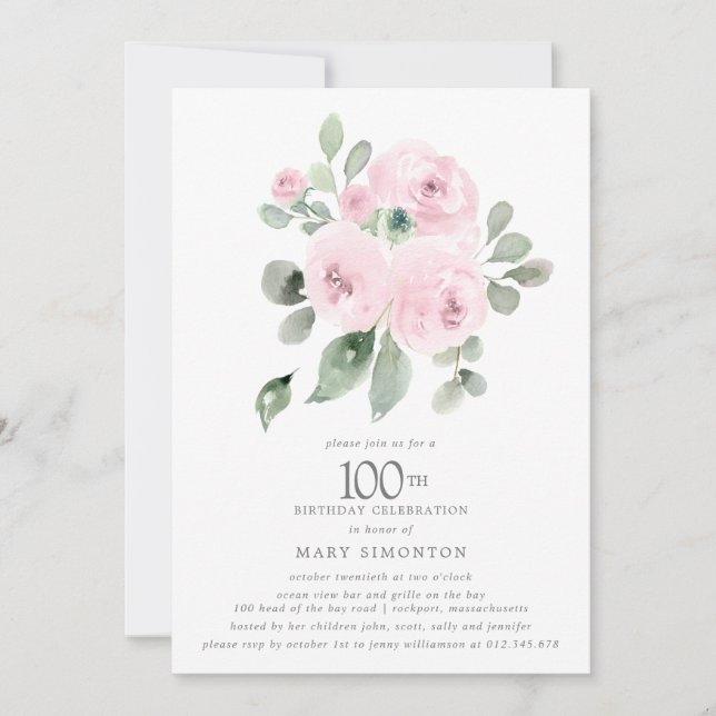  Pink Floral Eucalyptus 100th Birthday Party Invitation (Front)