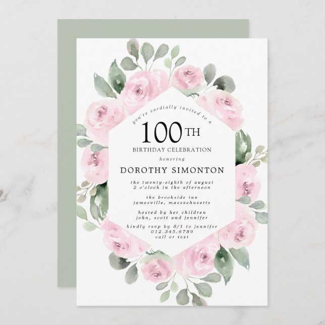 Pink Floral Eucalyptus 100th Birthday Party Invitation (Front/Back)