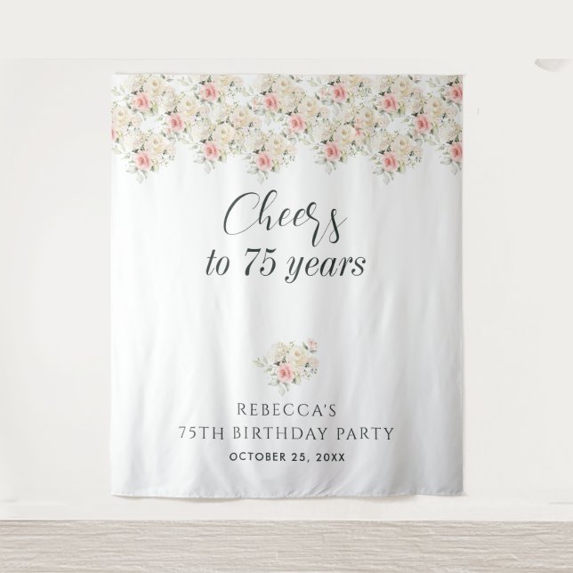 Pink Floral Eucalyptus 75th Birthday Backdrop Tapestry (Front)