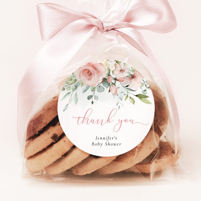 Pink floral eucalyptus baby girl shower thank you classic round sticker (Creator Uploaded)