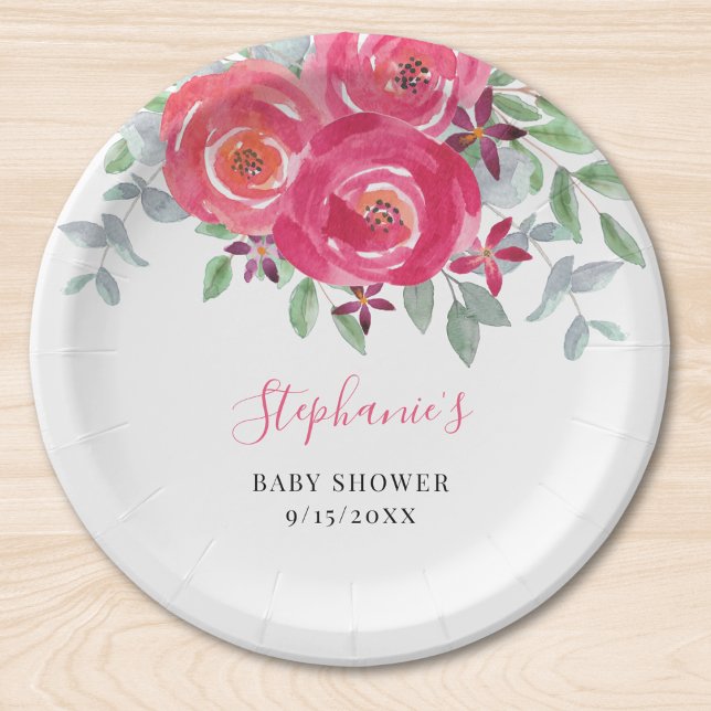 Pink Floral Eucalyptus Baby Shower Paper Plate (Creator Uploaded)