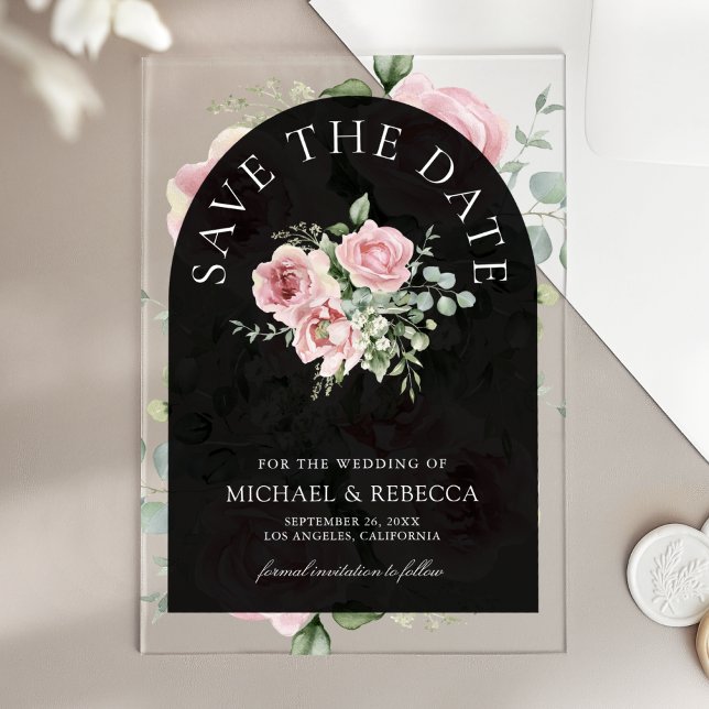 Pink Floral Eucalyptus Black Wedding Save the Date Acrylic Invitations (Creator Uploaded)
