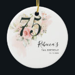 Pink Floral Eucalyptus Botanical 75th Birthday Ceramic Tree Decoration<br><div class="desc">Cute and modern, yet elegant 75th birthday ornament. Featuring a trendy layout and watercolor floral and greenery eucalyptus and pink blush. Perfect for any age birthday party invitation. The template that can be easily edited and the text replaced with your own details by clicking the "Personalise" button. For further customisation,...</div>