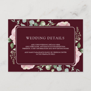 Pink Floral Eucalyptus Burgundy Wedding Details Enclosure Card