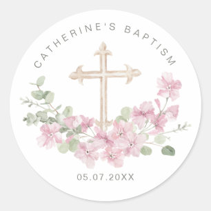 Pink Floral Eucalyptus Cross Baptism Classic Round Sticker