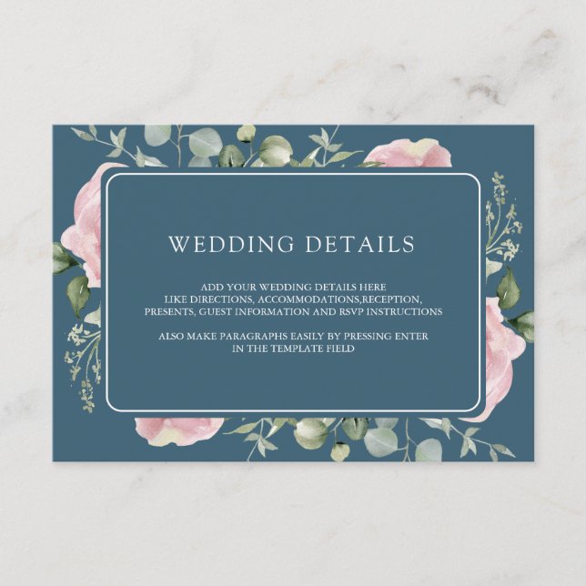 Pink Floral Eucalyptus Dusty Blue Wedding Details Enclosure Card