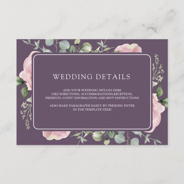 Pink Floral Eucalyptus Dusty Purple Wedding Detail Enclosure Card (Front)