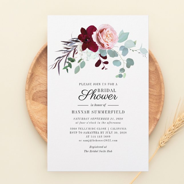 Pink Floral Eucalyptus Floral Bridal Shower Stationery (Modern Floral and Eucalyptus Script Bridal Shower Invitation)