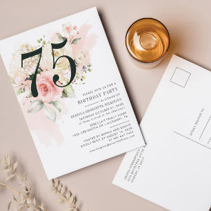 Pink Floral Eucalyptus Foliage 75th Birthday Party Invitation Postcard