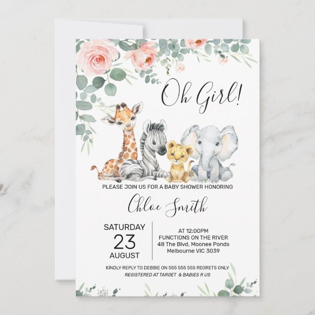 Pink Floral Eucalyptus Girls Safari Baby Shower Invitation (Front)