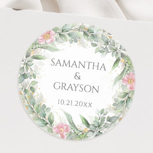 Pink Floral Eucalyptus Greenery Gold Elegant Classic Round Sticker