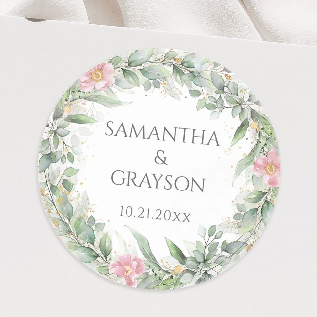 Pink Floral Eucalyptus Greenery Gold Elegant Classic Round Sticker (Creator Uploaded)