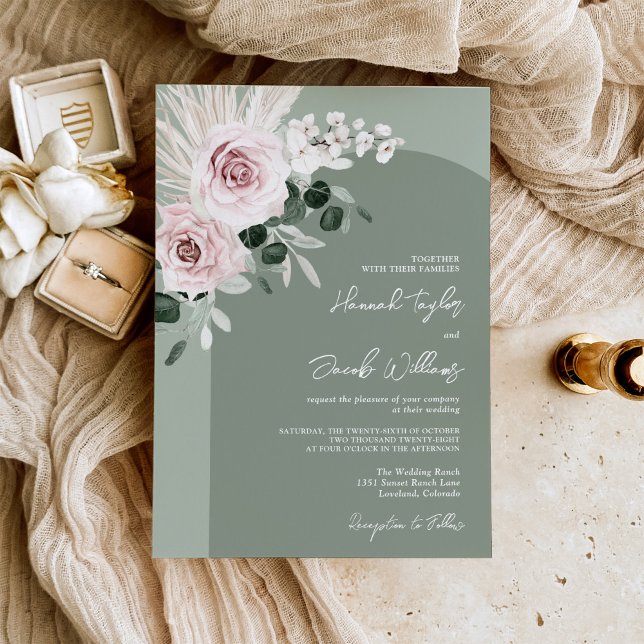 Pink Floral Eucalyptus Sage Green Wedding Invitation (Creator Uploaded)