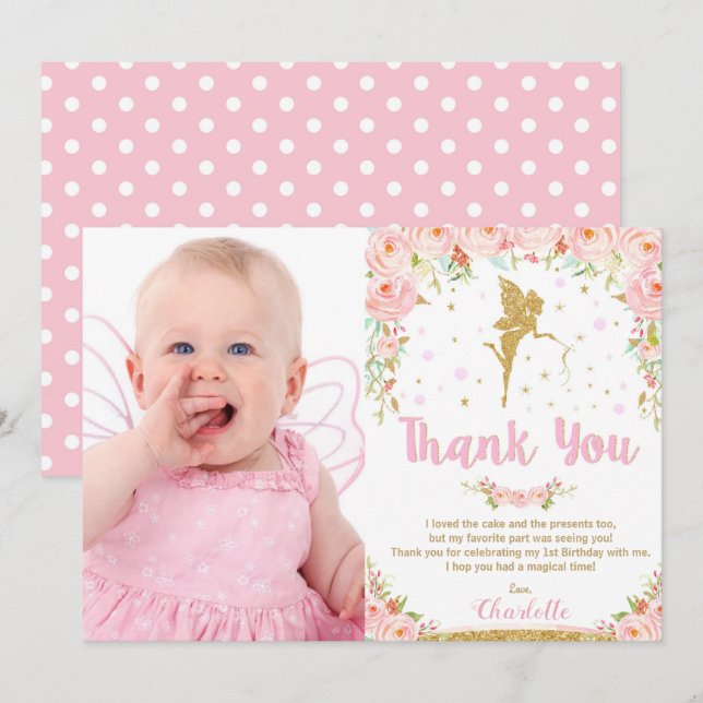 Pink Floral Fairy 1st Birthday Party Thank You Invitation (Front/Back)