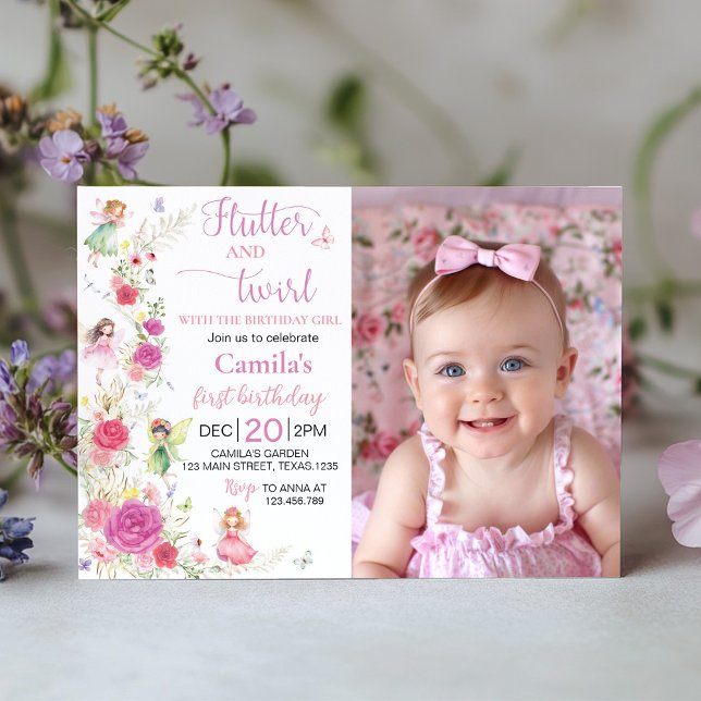 Pink Floral Fairy 1st Birthday Photo Invitation (Creator Uploaded)