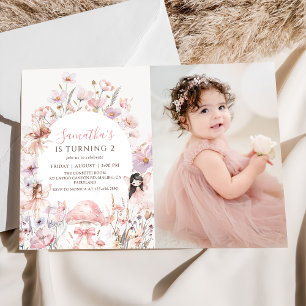Pink Floral Fairy Birthday Photo Invitation