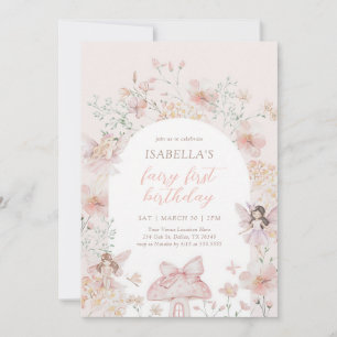 Pink Floral Fairy First Birthday Invitation