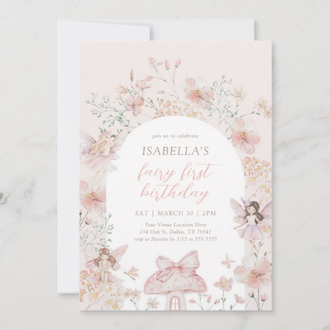 Pink Floral Fairy First Birthday Invitation (Front)