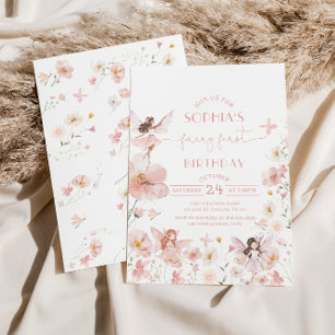 Pink Floral Fairy First Birthday Invitation