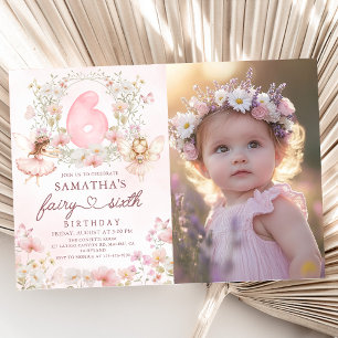 Pink Floral Fairy Garden 6th Birthday Photo Invitation