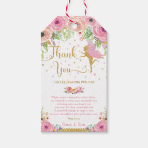 Pink Floral Fairy Gold Baby Shower Thank You Gift Tags
