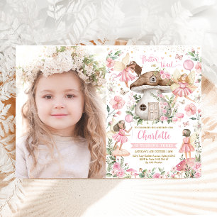 Pink Floral Fairy Princess Garden Birthday Photo Invitation