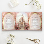 Pink Floral Fairytale Castle All in One Wedding Tri-Fold Invitation<br><div class="desc">Amaze your guests with this lovely fairy tale theme wedding invite featuring a beautiful castle and majestic arches with modern typography. Simply add your event details on this easy-to-use template and adorn this card with your favourite photo to make it a one-of-a-kind invitation.</div>