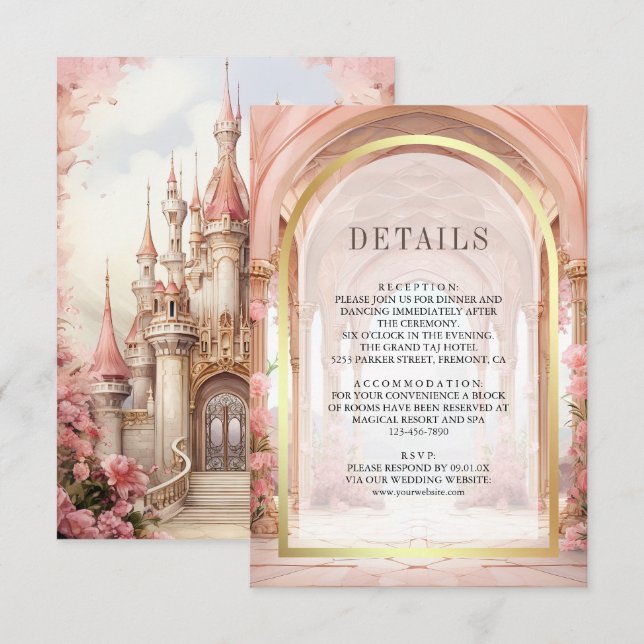 Pink Floral Fairytale Castle Wedding Details Enclosure Card (Front/Back)
