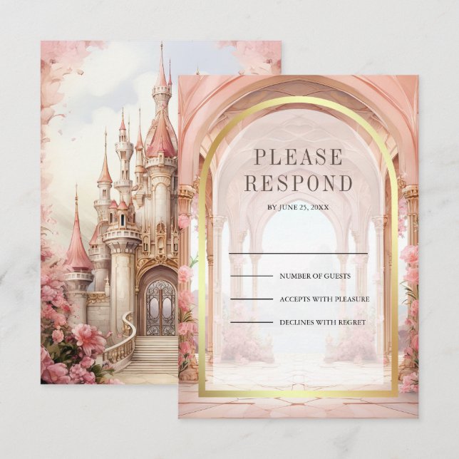 Pink Floral Fairytale Castle Wedding RSVP Card (Front/Back)
