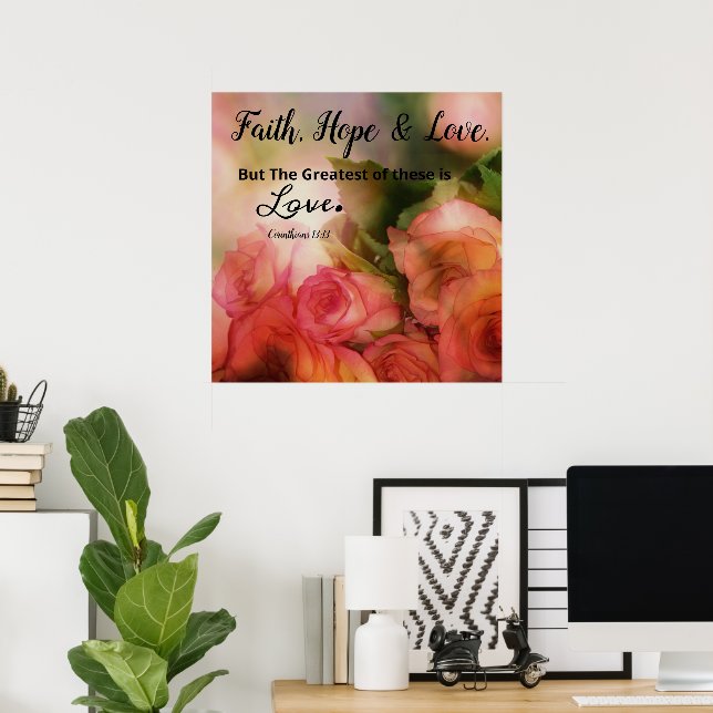 Pink Floral Faith, Hope and Love Poster Wall Art (Home Office)