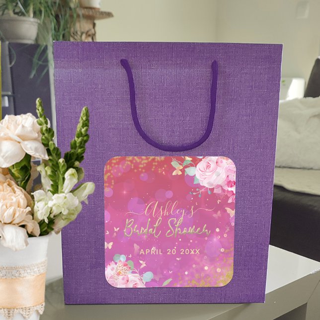 Pink Floral Fancy Elegant Romantic Bridal Shower Square Sticker (Creator Uploaded)