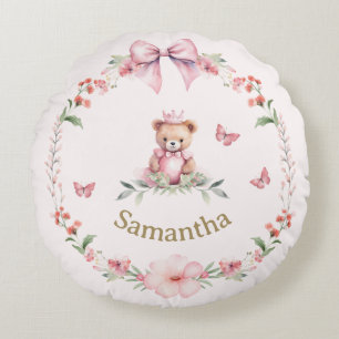 Pink Floral Fantasies and Teddy Bear Hugs Cozy  Round Cushion