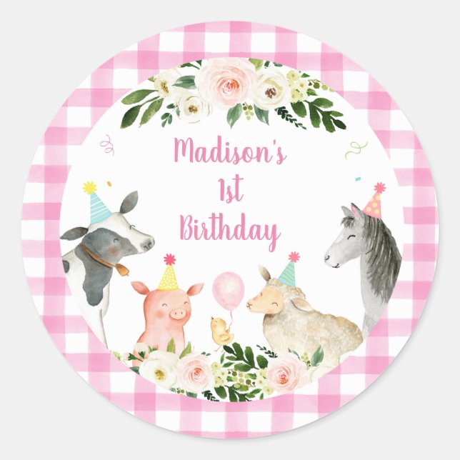 Pink Floral Farm Animal Birthday Classic Round Sticker (Front)