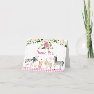 Pink Floral Farm Animal Thank You Card