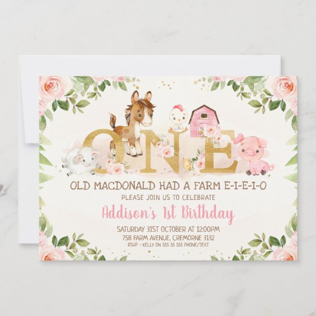 Pink Floral Farm Animals First Birthday Invitation (Front)