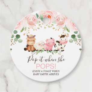 Pink Floral Farm Baby Shower Pop It Favour Tags