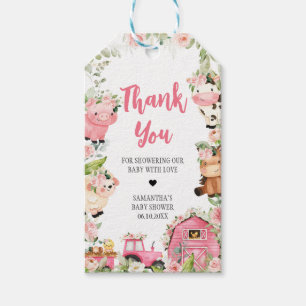 Pink Floral Farm Barnyard Baby Shower Favour Tags