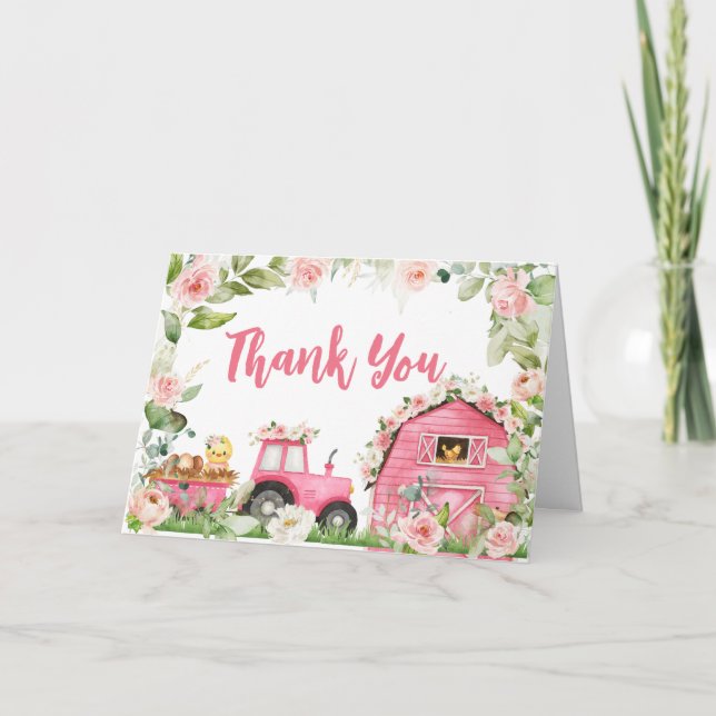 Pink Floral Farm Barnyard Baby Shower  Thank You Card (Front)