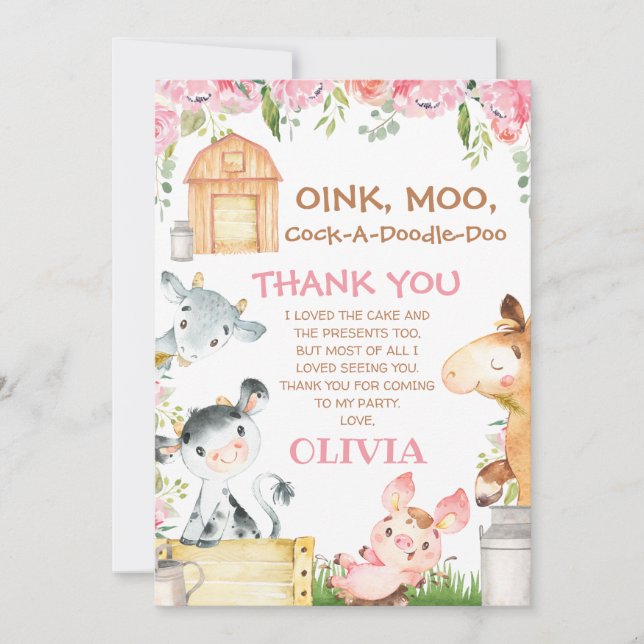 Pink Floral Farm Barnyard Birthday Thank You Card (Front)