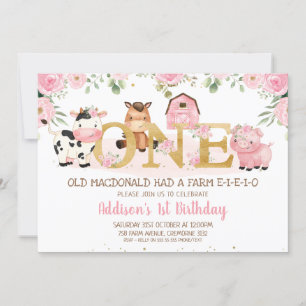 Pink Floral Farm Gold One First Birthday Invitation